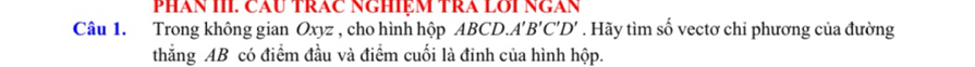 PHAN III. CAU TRAC NGHIệM TRA LOI NGAN 
Câu 1. Trong không gian Oxyz , cho hình hộp ABCD. A'B'C'D'. Hãy tìm số vectơ chỉ phương của đường 
thẳng AB có điểm đầu và điểm cuối là đinh của hình hộp.