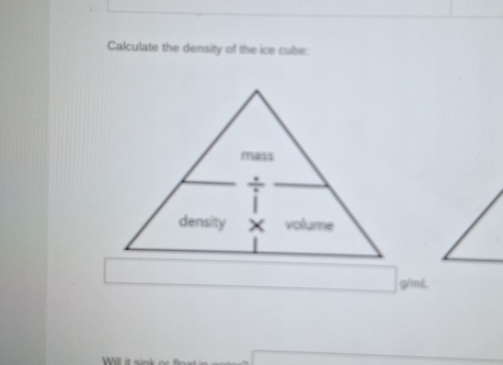 Calculate the density of the ice cube:
g/mL,