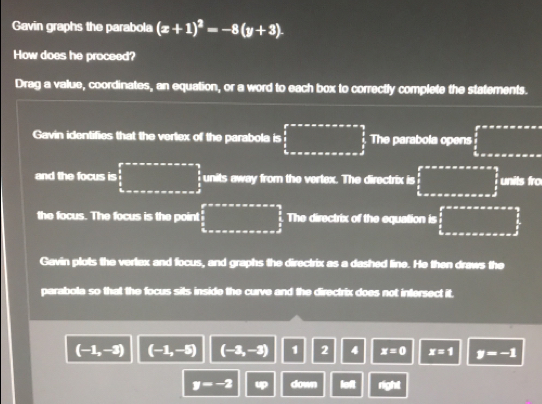 Solved: Gavin graphs the parabola (x+1)^2=-8(y+3). How does he proceed ...