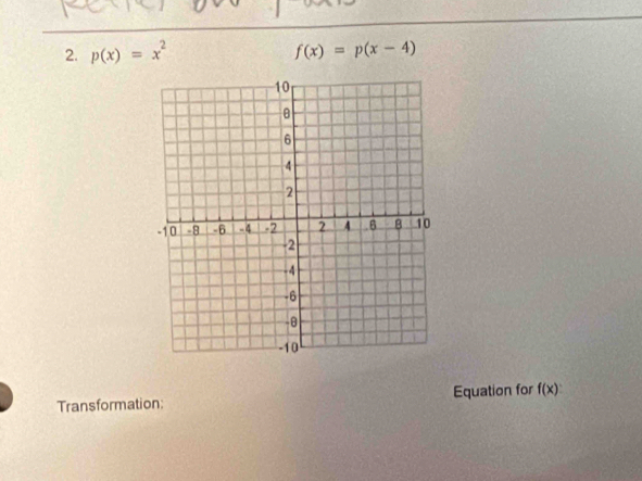 p(x)=x^2 f(x)=p(x-4)
Transformation: Equation for f(x)