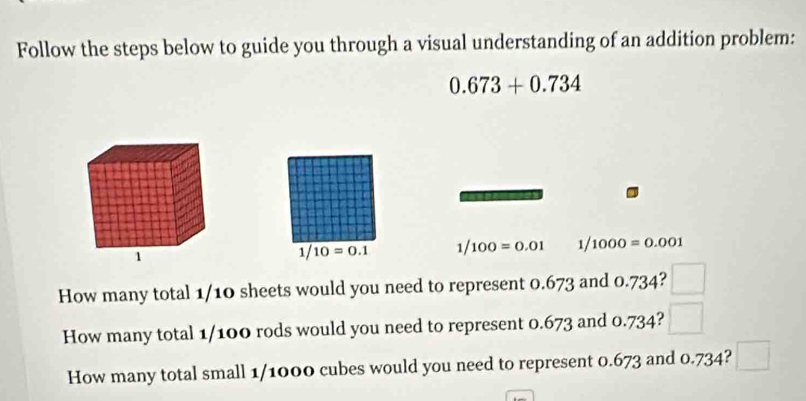 Follow the steps below to guide you through a visual understanding of an addition problem:
0.673+0.734
1/10=0.1 1/ 100=0.01 1/ 1000=0.001
How many total 1/10 sheets would you need to represent 0.673 and 0.734? a
(-3,4)
How many total 1/100 rods would you need to represent 0.673 and 0.734? 
How many total small 1/1000 cubes would you need to represent 0.673 and 0.734?