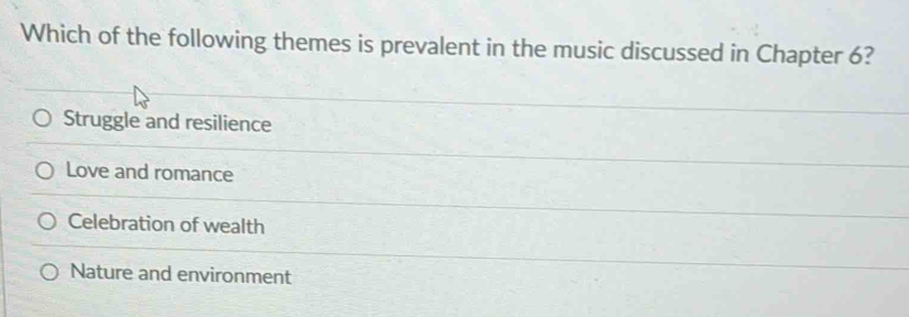 Which of the following themes is prevalent in the music discussed in Chapter 6?
Struggle and resilience
Love and romance
Celebration of wealth
Nature and environment