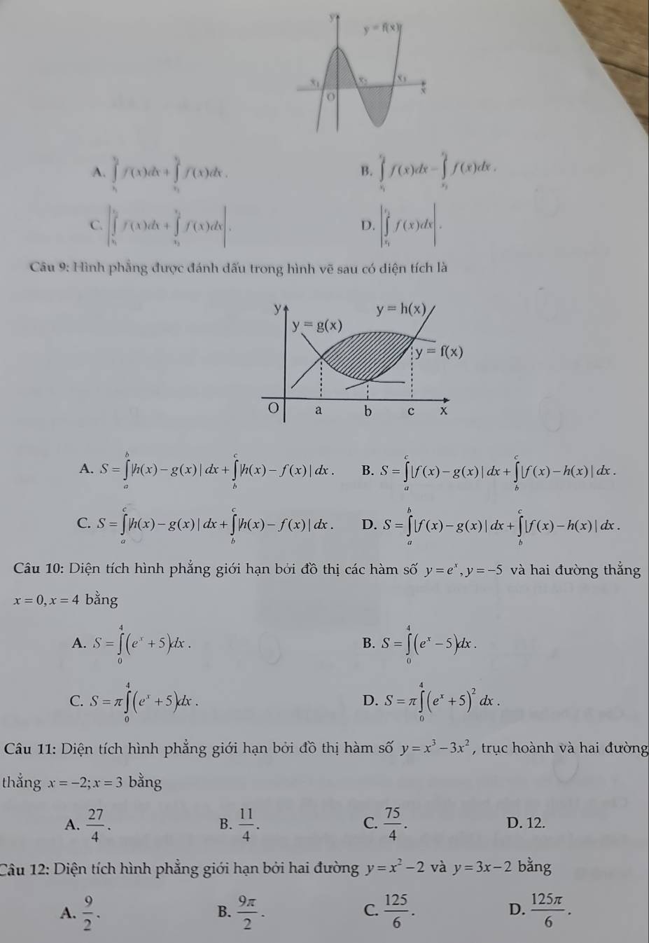 A. ∈tlimits _1^(5f(x)dx+∈tlimits _x_1)^5f(x)dx. ∈tlimits _v_1^v_2f(x)dx-∈tlimits _v_2^v_2f(x)dx.
B.
C. |∈tlimits _0^(5f(x)dx+∈tlimits _3^5f(x)dx|. ∈t _v_1)^v_2f(x)dx|.
D.
Câu 9: Hình phẳng được đánh dấu trong hình vẽ sau có diện tích là
A. S=∈tlimits _a^(b|h(x)-g(x)|dx+∈tlimits _b^c|h(x)-f(x)|dx. B. S=∈tlimits _a^c|f(x)-g(x)|dx+∈tlimits _b^c|f(x)-h(x)|dx.
C. S=∈tlimits _a^c|h(x)-g(x)|dx+∈tlimits _b^c|h(x)-f(x)|dx. D. S=∈tlimits _a^b|f(x)-g(x)|dx+∈tlimits _b^c|f(x)-h(x)|dx.
Câu 10: Diện tích hình phẳng giới hạn bởi đồ thị các hàm số y=e^x),y=-5 và hai đường thắng
x=0,x=4 h an J
A. S=∈tlimits _0^(4(e^x)+5)dx. S=∈tlimits _0^(4(e^x)-5)dx.
B.
C. S=π ∈tlimits _0^(4(e^x)+5)dx. S=π ∈tlimits _0^(4(e^x)+5)^2dx.
D.
*  Câu 11: Diện tích hình phẳng giới hạn bởi đồ thị hàm số y=x^3-3x^2 , trục hoành và hai đường
thắng x=-2;x=3 bằng
B.
C.
A.  27/4 .  11/4 .  75/4 . D. 12.
Câu 12: Diện tích hình phẳng giới hạn bởi hai đường y=x^2-2 và y=3x-2 bằng
A.  9/2 .  9π /2 .  125/6 .  125π /6 .
B.
C.
D.