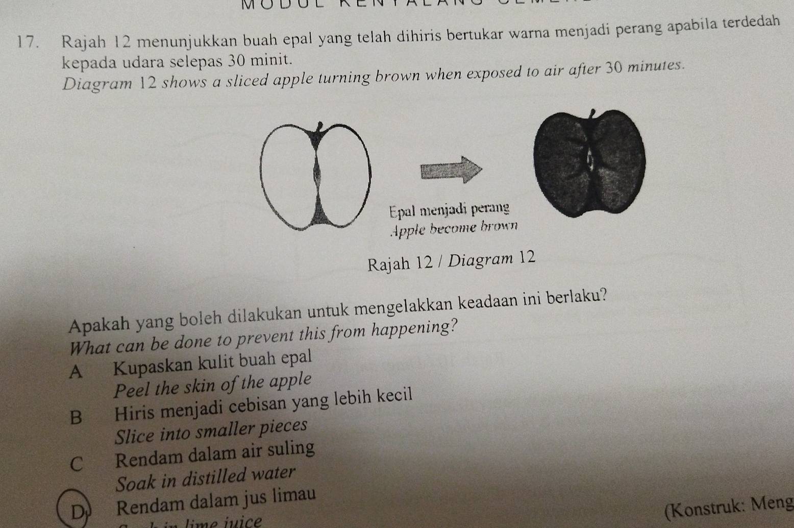 MODO
17. Rajah 12 menunjukkan buah epal yang telah dihiris bertukar warna menjadi perang apabila terdedah
kepada udara selepas 30 minit.
Diagram 12 shows a sliced apple turning brown when exposed to air after 30 minutes.
Epal menjadi peran
Apple become brown
Rajah 12 / Diagram 12
Apakah yang boleh dilakukan untuk mengelakkan keadaan ini berlaku?
What can be done to prevent this from happening?
A Kupaskan kulit buah epal
Peel the skin of the apple
B Hiris menjadi cebisan yang lebih kecil
Slice into smaller pieces
C Rendam dalam air suling
Soak in distilled water
D Rendam dalam jus limau
(Konstruk: Meng