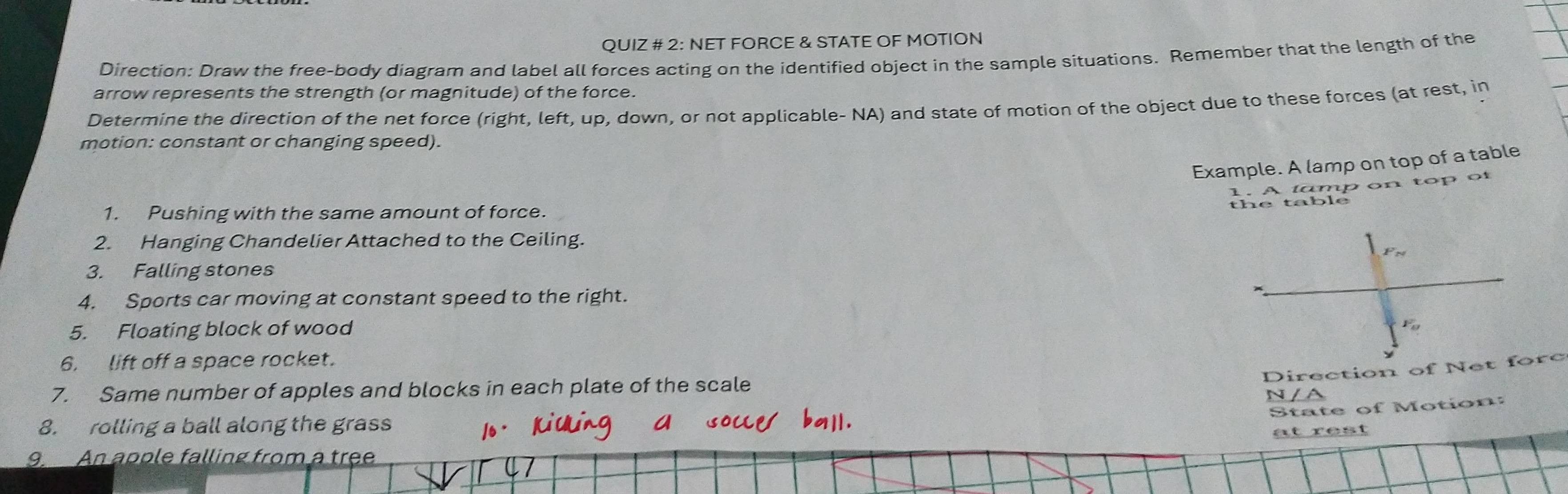 Solved: QUIZ # 2: NET FORCE & STATE OF MOTION Direction: Draw the free ...