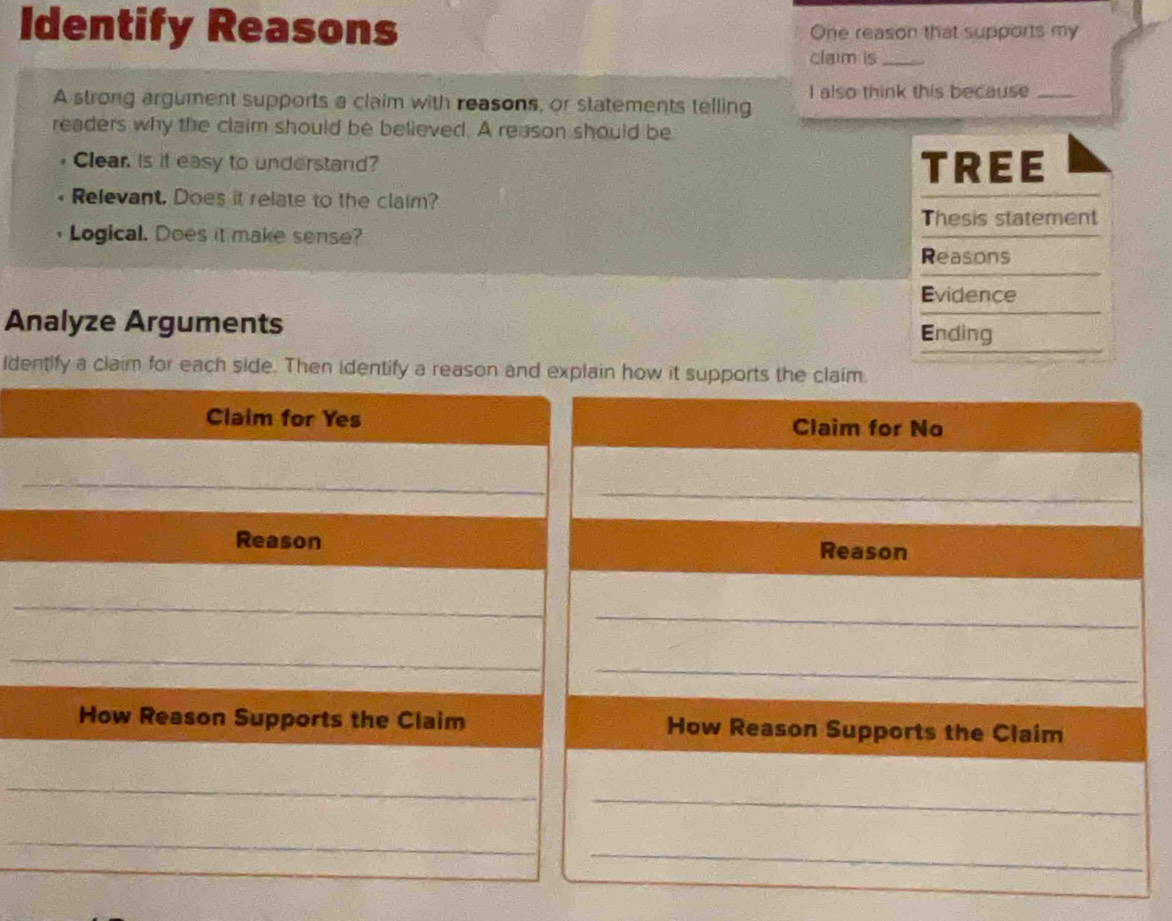 Identify Reasons One reason that supports my 
claim is_ 
I also think this because_ 
A strong argument supports a claim with reasons, or statements telling 
readers why the claim should be believed. A reason should be 
Clear. Is if easy to understand? TREE 
Relevant. Does it relate to the claim? 
Thesis statement 
Logical. Does it make sense? 
Reasons 
Evidence 
Analyze Arguments Ending 
Identify a claim for each side. Then identify a reason and explai how it supports the claim 
Claim for No 
_ 
Reason 
_ 
_ 
How Reason Supports the Claim 
_ 
_ 
_