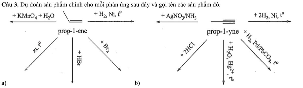 Dự đoán sản phẩm chính cho mỗi phản ứng sau đây và gọi tên các sản phẩm đó.
+KMnO_4+H_2O
+H_2, Ni, t°
+AgNO_3/NH_3
+2H_2, Ni, t^o
pro p-1-ene prop-1-yne
xt, t^0
x_D
i
+2HCl
Pd/PbCO_3, t^o
a) 
b)