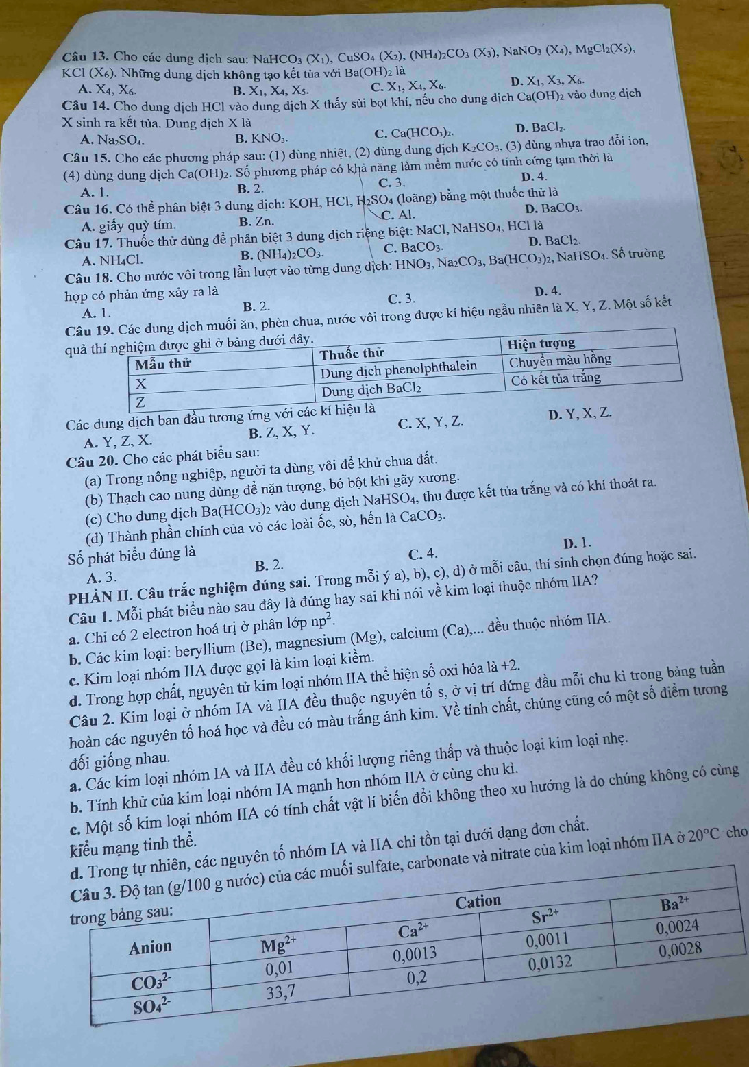 Cho các dung dịch sau: NaHe CO_3(X_1),CuSO_4(X_2),(NH_4)_2CO_3(X_3) , Na NO_3(X_4),MgCl_2(X_5),
KC I(X_6) 0. Những dung dịch không tạo kết tùa với Ba(OH)2 là
A. X_4,X_6 B. X_1,X_4,X_5 C. X_1,X_4,X_6. D. X_1,X_3,X_6.
Câu 14. Cho dung dịch HCl vào dung dịch X thấy sủi bọt khí, nếu cho dung dịch Ca(OH)_2 2 vào dung dịch
X sinh ra kết tủa. Dung dịch X là
A. Na_2SO_4. B. KNO_3.
C. Ca(HCO_3)_2. D. BaCl_2.
Câu 15. Cho các phương pháp sau: (1) dùng nhiệt, (2) dùng dung dịch K_2CO_3,(3) dùng nhựa trao đỗi ion,
(4) dùng dung dịch Ca(OH)₂. Số phương pháp có khả năng làm mềm nước có tính cứng tạm thời là
A. 1. B. 2.
C. 3. D. 4.
Câu 16. Có thể phân biệt 3 dung dịch: KOH, HCl, H₂SO₄ (loãng) bằng một thuốc thử là
A. giấy quỳ tím. B. Zn. C. Al. D. BaCO_3.
Câu 17. Thuốc thử dùng để phân biệt 3 dung dịch riệng biệt: NaCl, NaHSO₄, HCl là
A. NH₄Cl. B. (NH_4)_2CO_3. C. BaCO_3.
D. BaCl_2.
Câu 18. Cho nước vôi trong lần lượt vào từng dung dịch: HNO_3, N a_2CO_3,Ba(HCO_3)_2 2, N; aHSO_4.. Số trường
hợp có phản ứng xảy ra là
B. 2.
C. 3. D. 4.
A. 1.
Cphèn chua, nước vôi trong được kí hiệu ngẫu nhiên là X, Y, Z. Một số kết
q
Các dung dịch ban đầu tương ứng với các kí h
A. Y, Z, X. B. Z, X, Y. C. X, Y, Z. D. Y, X, Z.
Câu 20. Cho các phát biểu sau:
(a) Trong nông nghiệp, người ta dùng vôi để khử chua đất.
(b) Thạch cao nung dùng đề nặn tượng, bó bột khi gãy xương.
(c) Cho dung dịch Ba(HCO_3) 2 vào dung dịch NaH ISO_4, thu được kết tủa trắng và có khí thoát ra.
(d) Thành phần chính của vỏ các loài ốc, sò, hến là CaCO_3.
Số phát biểu đúng là C. 4.
A. 3. B. 2. D. 1.
PHÀN II. Câu trắc nghiệm đúng sai. Trong mỗi ý a b),c),d) ở ở mỗi câu, thí sinh chọn đúng hoặc sai.
Câu 1. Mỗi phát biểu nào sau đây là đúng hay sai khi nói về kim loại thuộc nhóm IIA?
a. Chỉ có 2 electron hoá trị ở phân lớp np^2.
b. Các kim loại: beryllium (Be), magnesium (Mg ) ), calcium (Ca) ),... đều thuộc nhóm IIA.
c. Kim loại nhóm IIA được gọi là kim loại kiềm.
d. Trong hợp chất, nguyên tử kim loại nhóm IIA thể hiện số oxi hóa là +2.
Câu 2. Kim loại ở nhóm IA và IIA đều thuộc nguyên tố s, ở vị trí đứng đầu mỗi chu kì trong bảng tuần
hoàn các nguyên tố hoá học và đều có màu trắng ánh kim. Về tính chất, chúng cũng có một số điểm tương
đối giống nhau.
a. Các kim loại nhóm IA và IIA đều có khối lượng riêng thấp và thuộc loại kim loại nhẹ.
b. Tính khử của kim loại nhóm IA mạnh hơn nhóm IIA ở cùng chu kì.
c. Một số kim loại nhóm IIA có tính chất vật lí biến đổi không theo xu hướng là do chúng không có cùng
Kiểu mạng tinh thể.
c nguyên tố nhóm IA và IIA chi tồn tại dưới dạng đơn chất.
onate và nitrate của kim loại nhóm IIA ở 20°C cho