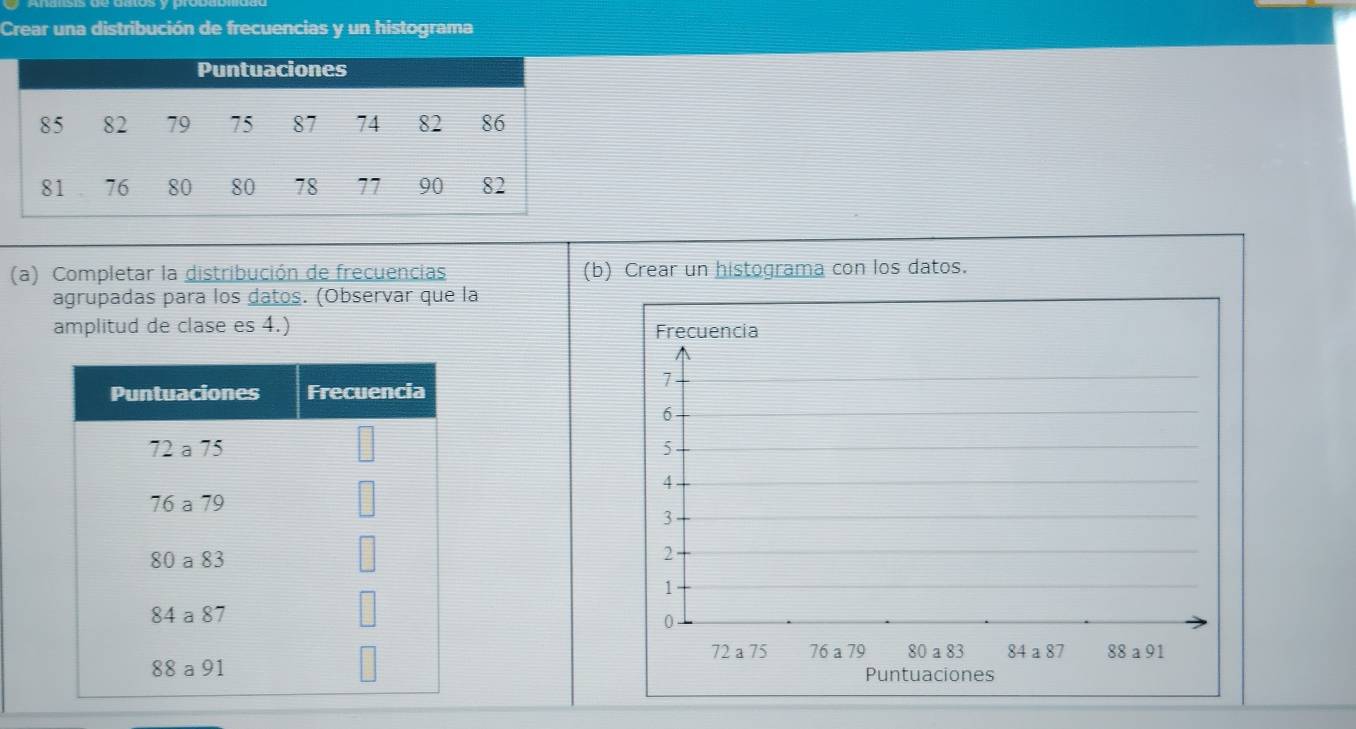 Crear una distribución de frecuencias y un histograma 
(a) Completar la distribución de frecuencias (b) Crear un histograma con los datos. 
agrupadas para los datos. (Observar que la 
amplitud de clase es 4.) 
Frecuencia
7
6
5
4
3
2
1
0
72 a 75 76 a 79 80 a 83 84 a 87 88 a 91
Puntuaciones