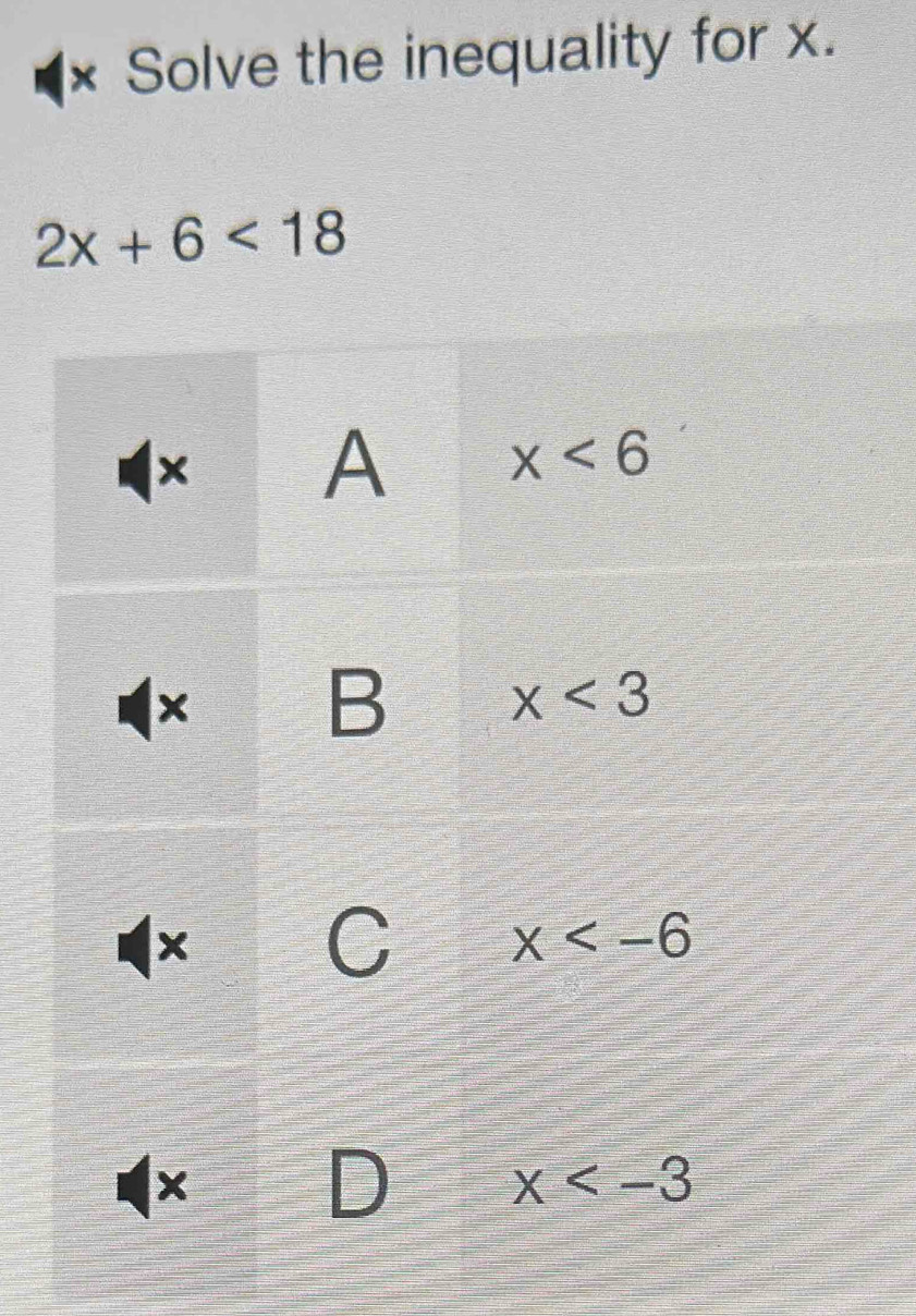 × Solve the inequality for x.
2x+6<18</tex>