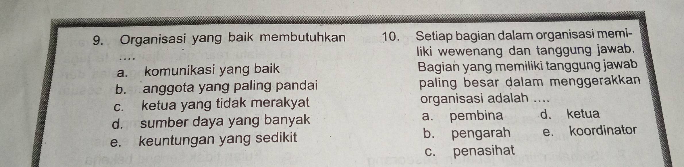 Organisasi yang baik membutuhkan 10. Setiap bagian dalam organisasi memi-
liki wewenang dan tanggung jawab.
a. komunikasi yang baik Bagian yang memiliki tanggung jawab
b. anggota yang paling pandai paling besar dalam menggerakkan
c. ketua yang tidak merakyat organisasi adalah _.
d. sumber daya yang banyak a. pembina d. ketua
b. pengarah
e. keuntungan yang sedikit e. koordinator
c. penasihat