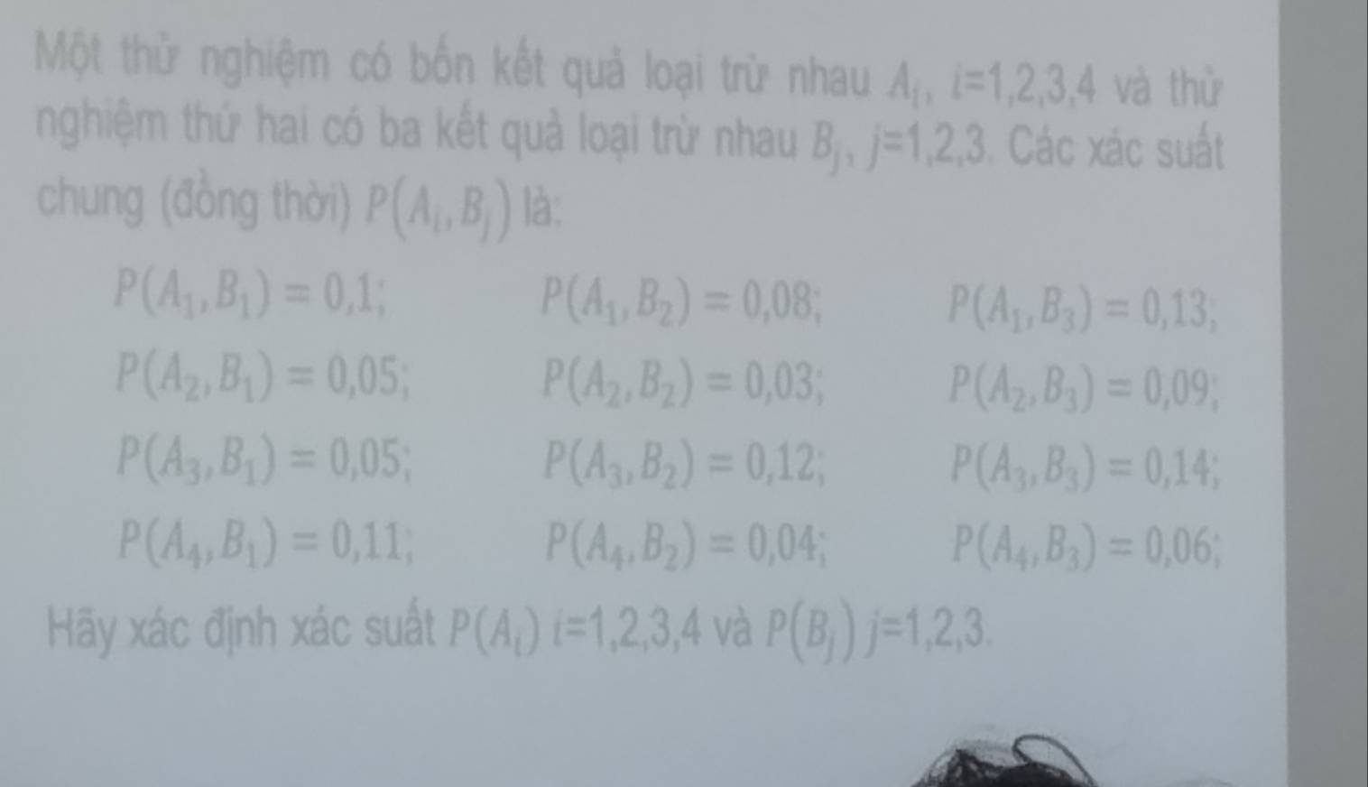 Một thử nghiệm có bốn kết quả loại trừ nhau A_i, i=1,2,3,4 và thừ 
nghiệm thứ hai có ba kết quả loại trừ nhau B_j, j=1, 2, 3 Các xác sut 
chung (đồng thời) P(A_i,B_j) là:
P(A_1,B_1)=0,1;
P(A_1,B_2)=0,08;
P(A_1,B_3)=0,13,
P(A_2,B_1)=0,05;
P(A_2,B_2)=0,03;
P(A_2,B_3)=0,09;
P(A_3,B_1)=0,05;
P(A_3,B_2)=0,12;
P(A_3,B_3)=0,14;
P(A_4,B_1)=0,11;
P(A_4,B_2)=0,04;
P(A_4,B_3)=0,06; 
Hãy xác định xác suất P(A_i)i=1,2,3,4 và P(B_j)j=1,2,3.