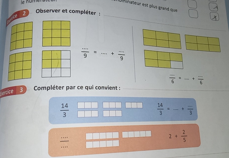 le numéral 
muminateur est plus grand que 
evdice 2 
Observer et compléter :
 (...)/9 =...+ (...)/9 
 (...)/6 =...+ (...)/6  _ 
Exercice 3 * Compléter par ce qui convient :
 14/3 
_  14/3 =·s · + ·s /3 
 ·s /·s  
2+ 2/5 