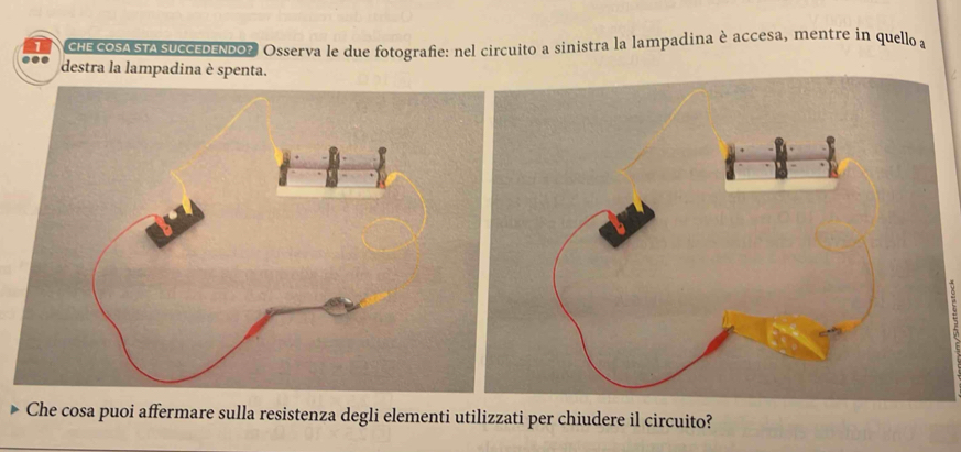 CHE COSA STA SUccEDENDOZ. Osserva le due fotografe: nel circuito a sinistra la lampadina è accesa, mentre in quello a 
destra la lampadina è spenta. 
Che cosa puoi affermare sulla resistenza degli elementi utilizzati per chiudere il circuito?