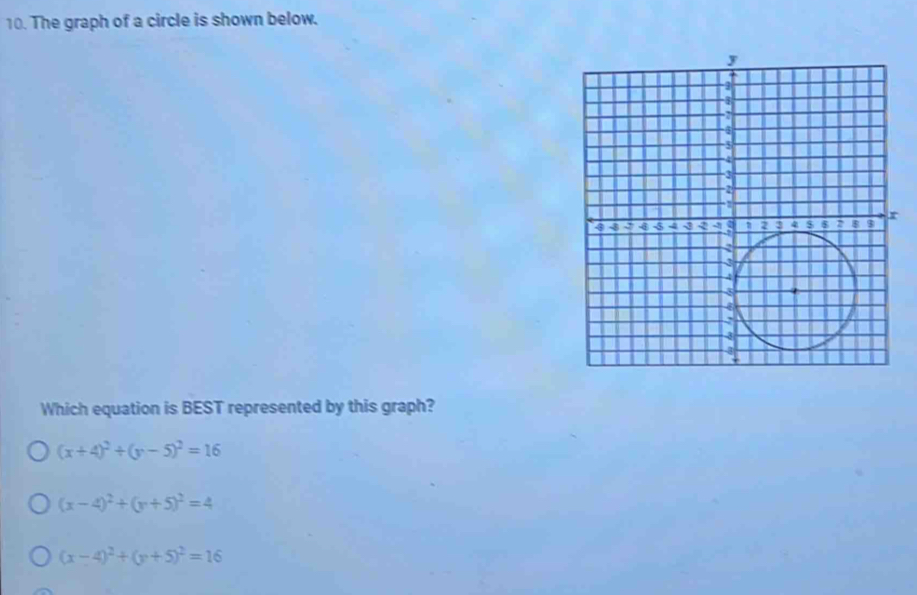 The graph of a circle is shown below.
Which equation is BEST represented by this graph?
(x+4)^2+(y-5)^2=16
(x-4)^2+(y+5)^2=4
(x-4)^2+(y+5)^2=16