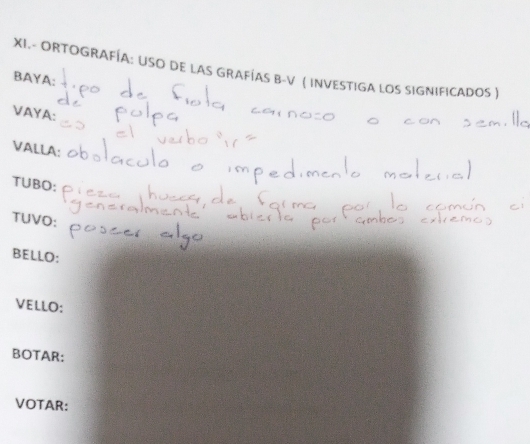 XI.- ORTOGRAFÍA: USO DE LAS GRAFÍAS B-V ( INVESTIGA LOS SIGNIFICADOS ) 
BAYA: 
ⅤAYA: 
VALLA: 
TUBO: 
TUVO: 
BELLO: 
VELLO: 
BOTAR: 
VOTAR: