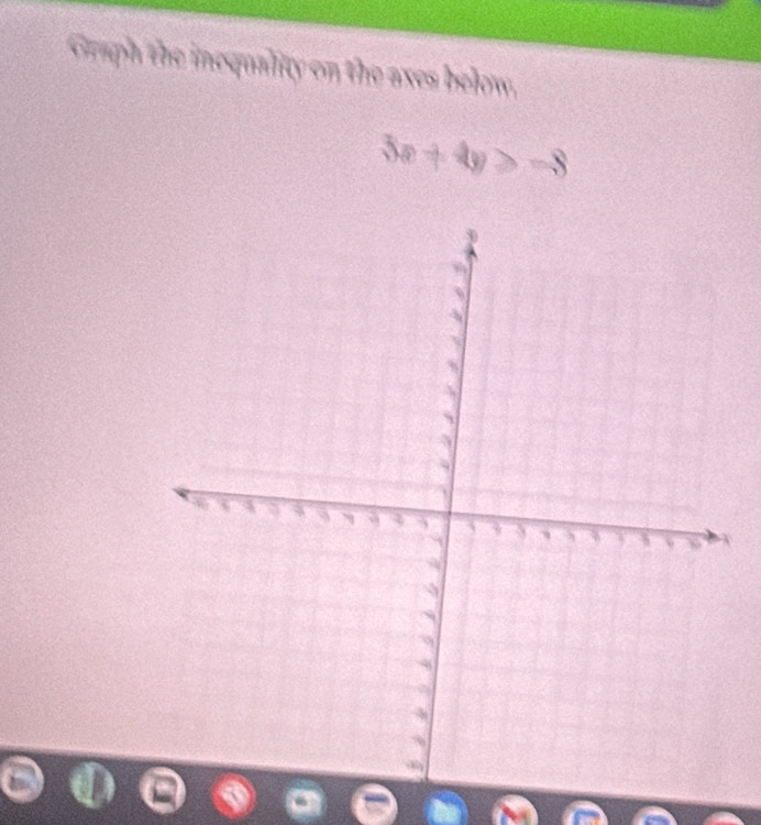 Graph the inequality on the axes below.
3x+4y>-8