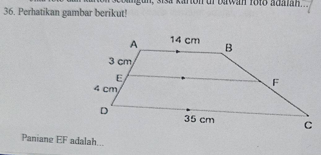 angun, sisa Kartón dr bawan foto adalan. 
36. Perhatikan gambar berikut! 
Paniang EF adalah...