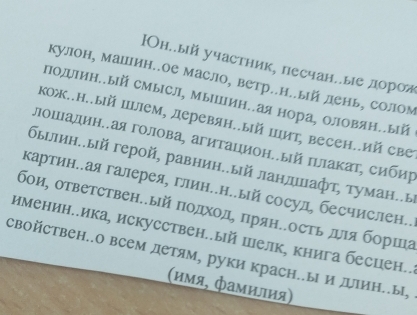 Нн..ый участник, песчанеые дород 
кулон, машин..ое масло, ветр.н..ый день, солом 
Πодин..ый смысл, мышин.ая нора, оловян..ый 
кож..н..ый пंлем, деревян..ый Шит, весен..ий све 
πоπадин..ая голова, агитацион.ый Ιιιакаτ, сибηр 
быιлин..ый герой, равнин..ый ландшафτ, τуман..ы 
картин..ая галерея, глин..н..ый сосул, бесчислен.. 
бои, ответствен..ый ποдχοдη πряне.осτь дηια борша 
именинееика, искусствен..ый пелк, книга бесцен.. 
свойствен..о всем детям, руки красн.ы и дιине.ы 
(имя, фамилия)