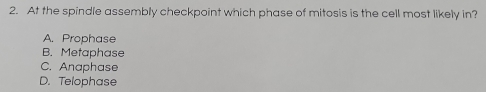 At the spindle assembly checkpoint which phase of mitosis is the cell most likely in?
A. Prophase
B. Metaphase
C. Anaphase
D. Telophase