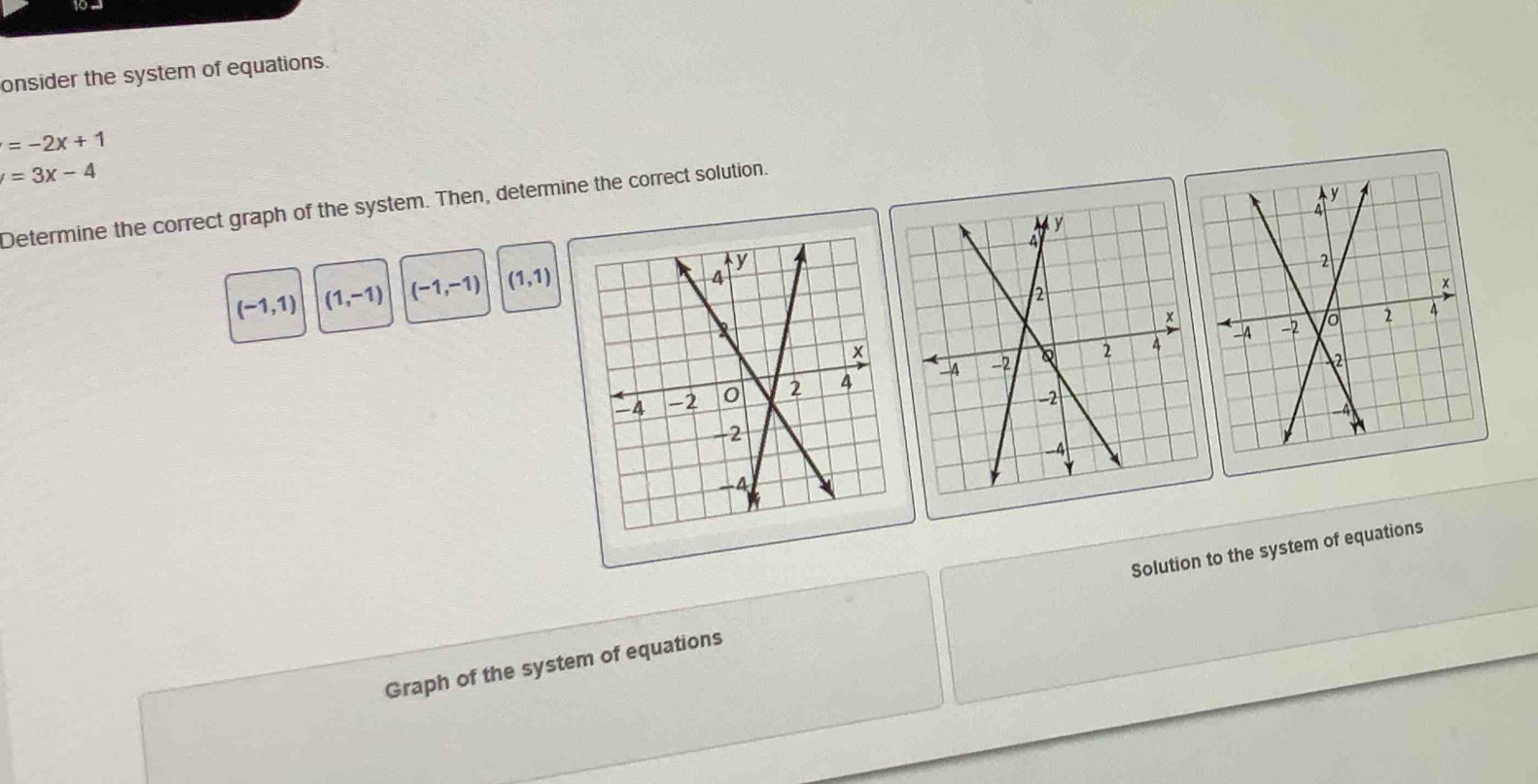 onsider the system of equations.
=-2x+1
=3x-4
Determine the correct graph of the system. Then, determine the correct solution.
(-1,1) (1,-1) (-1,-1) (1,1)
Graph of the system of equations Solution to the system of equations