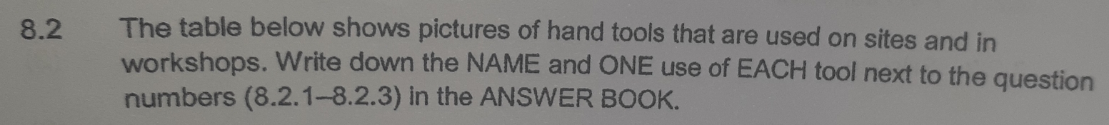 8.2 The table below shows pictures of hand tools that are used on sites and in 
workshops. Write down the NAME and ONE use of EACH tool next to the question 
numbers (8.2.1-8.2.3) in the ANSWER BOOK.