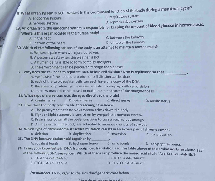 What organ system is NOT involved in the coordinated function of the body during a menstrual cycle?
A. endocrine system C. respiratory system
B. nervous system D. reproductive system
29. An organ from the endocrine system is responsible for keeping the amount of blood glucose in homeostasis.
Where is this organ located in the human body?
A. in the neck C. between the kidneys
el B. in front of the heart D. on top of the kidneys
30. Which of the following actions of the body is an attempt to maintain homeostasis?
A. We sense pain when we injure ourselves.
B. A person sweats when the weather is hot.
C. A human being is able to form complex thoughts.
D. The environment can be perceived through the 5 senses.
31. Why does the cell need to replicate DNA before cell division? DNA is replicated so that _ .
A. synthesis of the needed proteins for cell division can be done
B. each of the two daughter cells can each have one copy of the DNA
C. the speed of protein synthesis can be faster to keep up with cell division
D, the new material can be used to make the membrane of the daughter cells
32. What type of nerve connects the eyes directly to the brain?
A. cranial nerve B. spinal nerve C. direct nerve D. tactile nerve
33. How does the body react to life-threatening situations?
A. The parasympathetic nervous system calms down the body.
B. Fight or flight response is turned on by sympathetic nervous system.
C. Brain shuts down all the body functions to conserve precious energy.
D. All the nerves in the body are activated to increase chances of survival.
34. Which type of chromosome structure mutation results in an excess pair of chromosomes?
A. deletion B. duplication C. inversion D. translocation
35. The DNA has two chains held together by _.
A. covalent bonds B. hydrogen bonds C. ionic bonds D. polypeptide bonds
36. Using your knowledge in DNA transcription, translation and the table above of the amino acids, evaluate each
of the following DNA sequences. Which of them can produce the amino acid chain “Asp-Ser-Leu-Val-His’?
A. CTGTCGGGACAAGTC C. CTGTCGGAGCAAGCT
B. CTGTCGGAGCAAGTA D. CTGTCGGAGCTAGCT
For numbers 37-39, refer to the standard genetic code below.