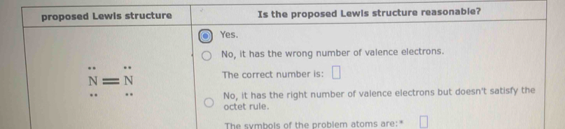 proposed Lewis structure Is the proposed Lewis structure reasonable?
Yes.
No, it has the wrong number of valence electrons.
N=N The correct number is: □
No, it has the right number of valence electrons but doesn't satisfy the
octet rule.
The symbols of the problem atoms are:* □