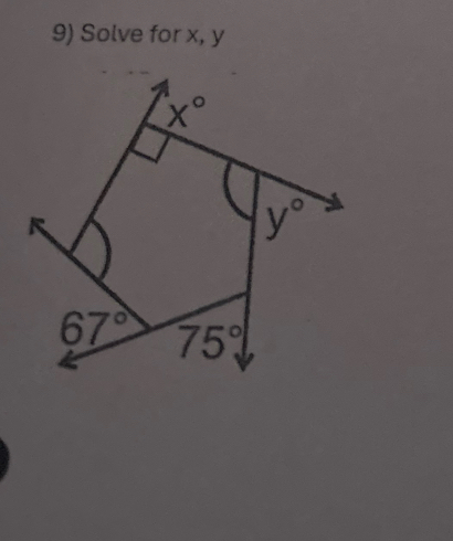 Solve for x, y
X°
y°
67° 75°