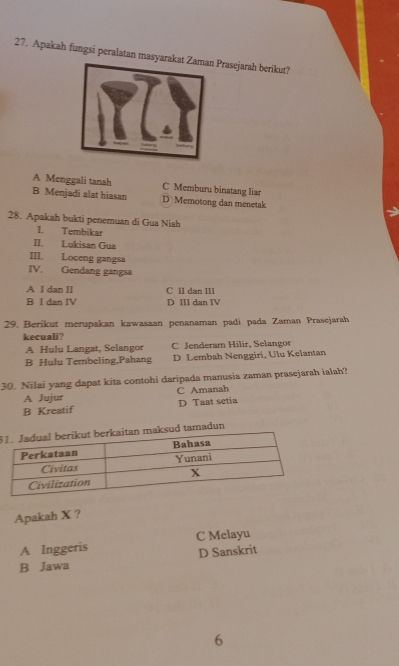 Apakah fungsi peralatan masyararasejarah berikut?
A Menggali tanah C Memburu binatang liar
B Menjadi alat hiasan D Memotong dan menetak
28. Apakah bukti penemuan di Gua Niah
I. Tembikar
II. Lukisan Gua
III. Loceng gangsa
IV. Gendang gangsa
A I dan II C II dan III
B I dan IV D III dan IV
29. Berikut merupakan kawasaan penanaman padi pada Zaman Prasejarah
kecuali?
A Hulu Langat, Selangor C Jenderam Hilir, Selangor
B Hulu Tembeling,Pahang D Lembah Nenggiri, Ulu Kelantan
30. Nilai yang dapat kita contohi daripada manusia zaman prasejarah ialah?
A Jujur C Amanah
B Kreatif D Taat setia
3 tamadun
Apakah X ?
A Inggeris C Melayu
D Sanskrit
B Jawa
6