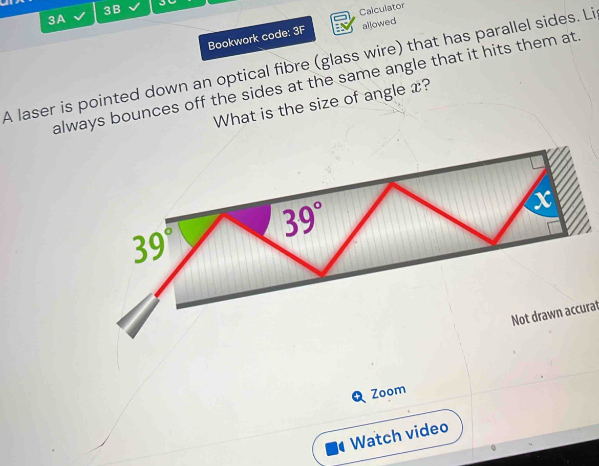 3B Calculator
3A
allowed
Bookwork code: 3F
A laser is pointed down an optical fibre (glass wire) that has parallel sides. Li
always bounces off the sides at the same angle that it hits them at .
What is the size of angle x?
Zoom
Watch video