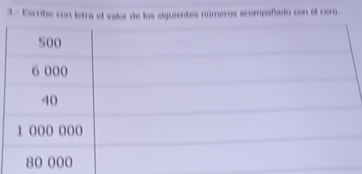 3.- Escribe con letra el valor de los siguientes números acompañado con el cero.