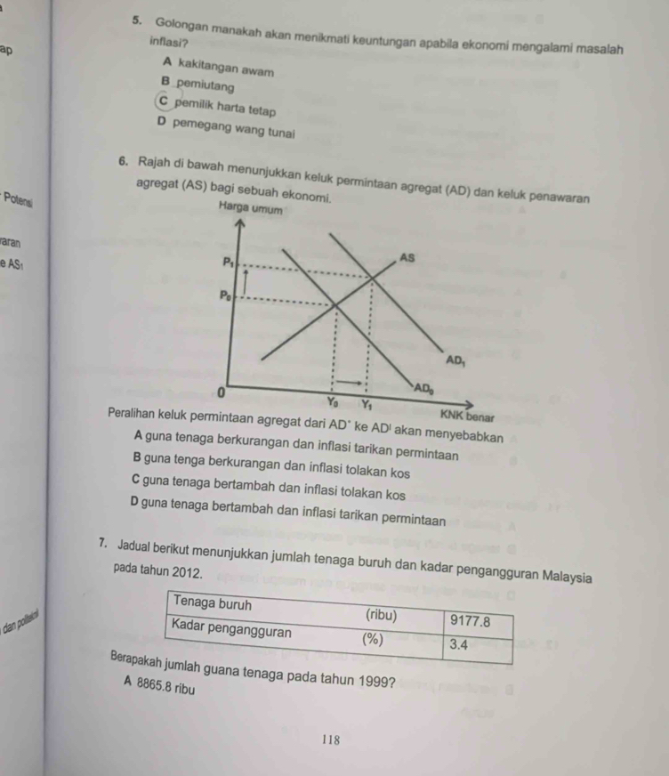 Golongan manakah akan menikmati keuntungan apabila ekonomi mengalami masalah
inflasi?
ap
A kakitangan awam
B _pemiutang
C pemilik harta tetap
D pemegang wang tunai
6. Rajah di bawah menunjukkan keluk permintaan agregat (AD) dan kelk penawaran
agregat (AS) bagi sebuah ek
Potensi
aran
e AS 
Peralihan kelu AD° ke AD' akan menyebabkan
A guna tenaga berkurangan dan inflasi tarikan permintaan
B guna tenga berkurangan dan inflasi tolakan kos
C guna tenaga bertambah dan inflasi tolakan kos
D guna tenaga bertambah dan inflasi tarikan permintaan
7. Jadual berikut menunjukkan jumlah tenaga buruh dan kadar pengangguran Malaysia
pada tahun 2012.
dan polteinl
Beraa tenaga pada tahun 1999?
A 8865.8 ribu
118