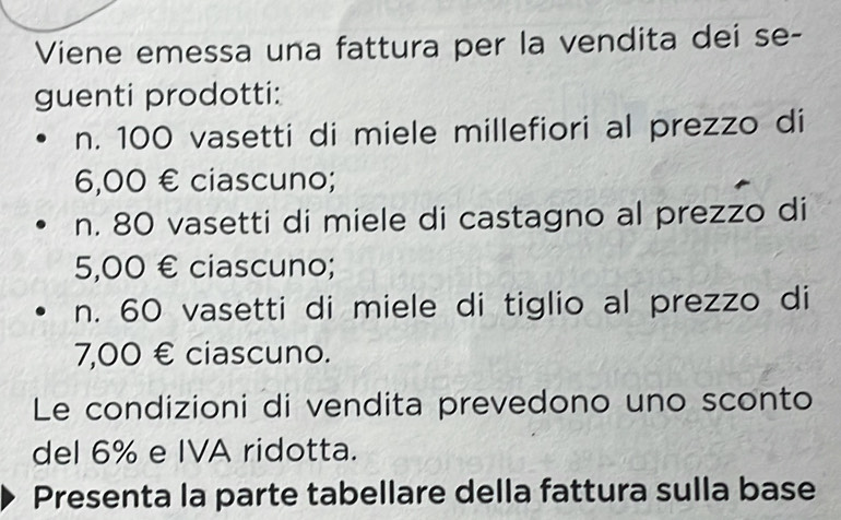 Viene emessa una fattura per la vendita dei se- 
guenti prodotti: 
n. 100 vasetti di miele millefiori al prezzo di
6,00 € ciascuno; 
n. 80 vasetti di miele di castagno al prezzo di
5,00 € ciascuno; 
n. 60 vasetti di miele di tiglio al prezzo di
7,00 € ciascuno. 
Le condizioni di vendita prevedono uno sconto 
del 6% e IVA ridotta. 
Presenta la parte tabellare della fattura sulla base