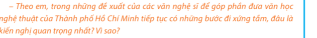 Theo em, trong những đế xuất của các văn nghệ sĩ để góp phần đưa văn học 
tnghệ thuật của Thành phố Hồ Chí Minh tiếp tục có những bước đi xứng tầm, đâu là 
kiến nghị quan trọng nhất? Vì sao?