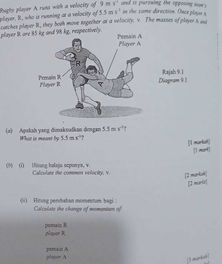 Rugby player A runs with a velocity of 9ms^(-1) and is pursuing the opposing team's
player, R, who is running at a velocity of 5.5ms^(-1) in the same direction. Once player A
catches player R, they both move together at a velocity, v. The masses of player A and
player R are and 98 kg, respectively.
Rajah 9.1
Diagram 9.1
(@) Apakah yang dimaksudkan dengan 5.5ms^(-1) 2
What is meant by 5.5ms^(-1) ?
[1 markah]
[l mark]
(b) (i) Hitung halaju sepunya, v.
Calculate the common velocity, v.
[2 markah]
[2 marks]
(ii) Hitung perubahan momentum bagi :
Calculate the change of momentum of:
pemain R
player R
pemain A
player A
[3 markah]