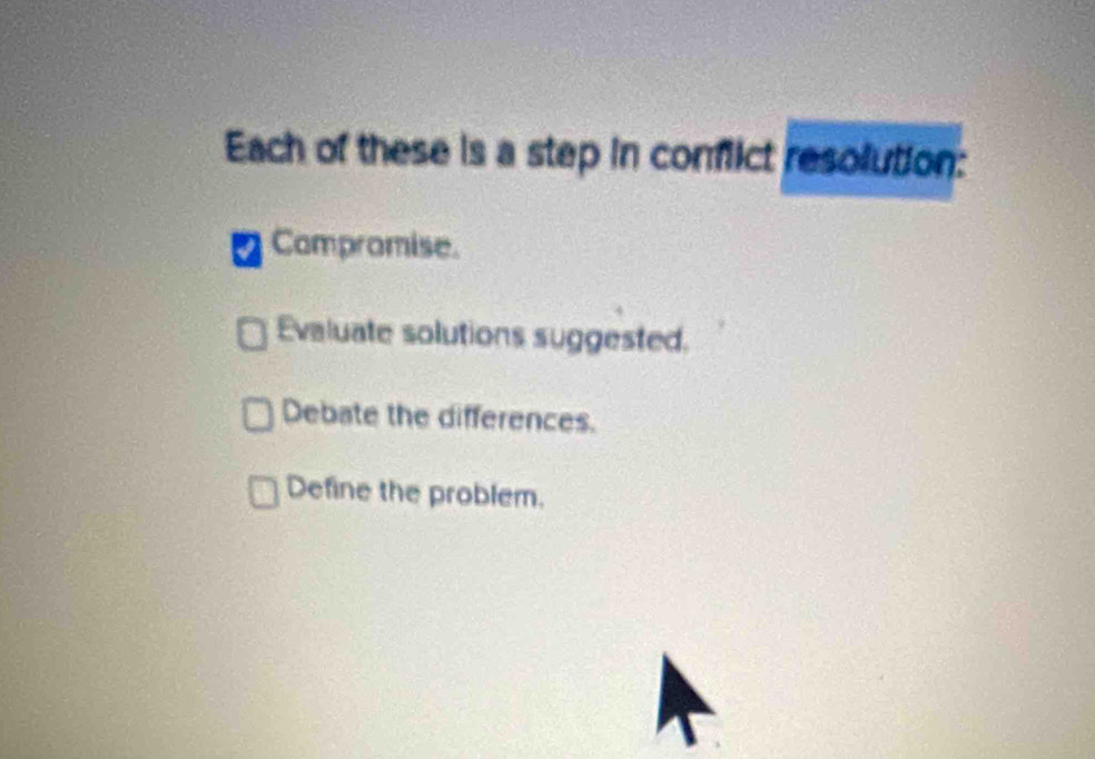 Solved: Each of these is a step in conflict resolution: Compromise ...