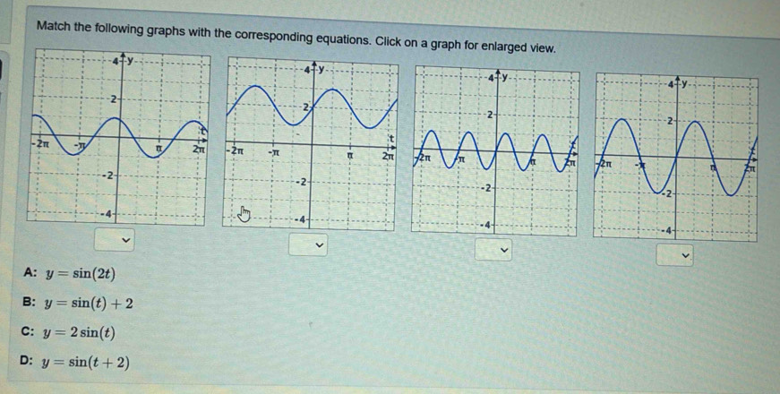 Match the following graphs with the corresponding equations. Click on a graph for enlarged view.

A: y=sin (2t)
B: y=sin (t)+2
C: y=2sin (t)
D: y=sin (t+2)