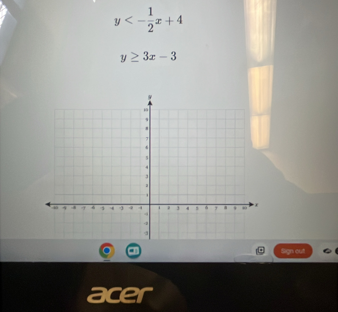 y<- 1/2 x+4
y≥ 3x-3
Sign out
acer