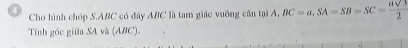 Cho hình chóp S. ABC có đáy ABC là tam giác vuỡng cân tại A, BC=a, SA=SB=SC= asqrt(3)/2 
Tính góc giữa SA và (ABC).