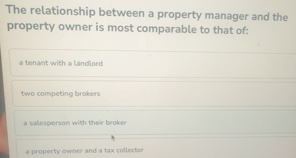Solved: The relationship between a property manager and the property ...