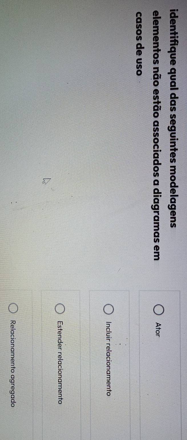identifique qual das seguintes modelagens
elementos não estão associados a diagramas em Ator
casos de uso
Incluir relacionamento
Estender relacionamento
Relacionamento agregado