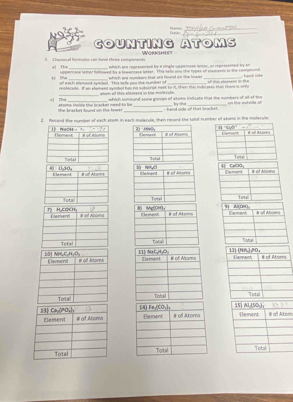 Counting Atoms Worksheet: Chemistry Practice, image size:954x1308