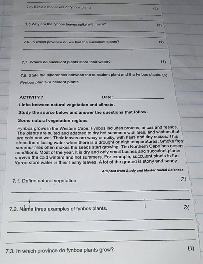 Explain the leaves of fynbos plants (2) 
_ 
_ 
7.5 Why are the fynbos leaves spiky with hairs? (2) 
_ 
_ 
7.6. In which province do we find the succulent plants? (1) 
_ 
7.7. Where do succulent plants store their water? (1) 
_ 
7.8. State the differences between the succulent plant and the fynbos plants. (4) 
Fynbos plants Succulent plants 
ACTIVITY 7 Date:_ 
Links between natural vegetation and climate. 
Study the source below and answer the questions that follow. 
Some natural vegetation regions 
Fynbos grows in the Western Cape. Fynbos includes proteas, ericas and restios. 
The plants are suited and adapted to dry hot summers with fires, and winters that 
are cold and wet. Their leaves are waxy or spiky, with hairs and tiny spikes. This 
stops them losing water when there is a drought or high temperatures. Smoke fron 
summer fires often makes the seeds start growing. The Northern Cape has desert 
conditions. Most of the year, it is dry and only small bushes and succulent plants 
survive the cold winters and hot summers. For example, succulent plants in the 
Karoo store water in their fleshy leaves. A lot of the ground is stony and sandy. 
Adapted from Study and Master Social Sciences 
7.1. Define natural vegetation. (2) 
_ 
_ 
7.2. Name three examples of fynbos plants. (3) 
_ 
_ 
_ 
7.3. In which province do fynbos plants grow? (1)