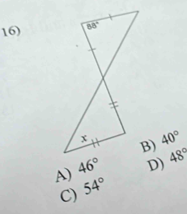 B) 40°
A)
D) 48°
C) 54°