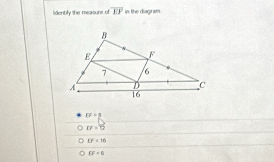 Identify the measure of overline EP in the diagram
EF=beta
EF=12
EF=16
EF=6