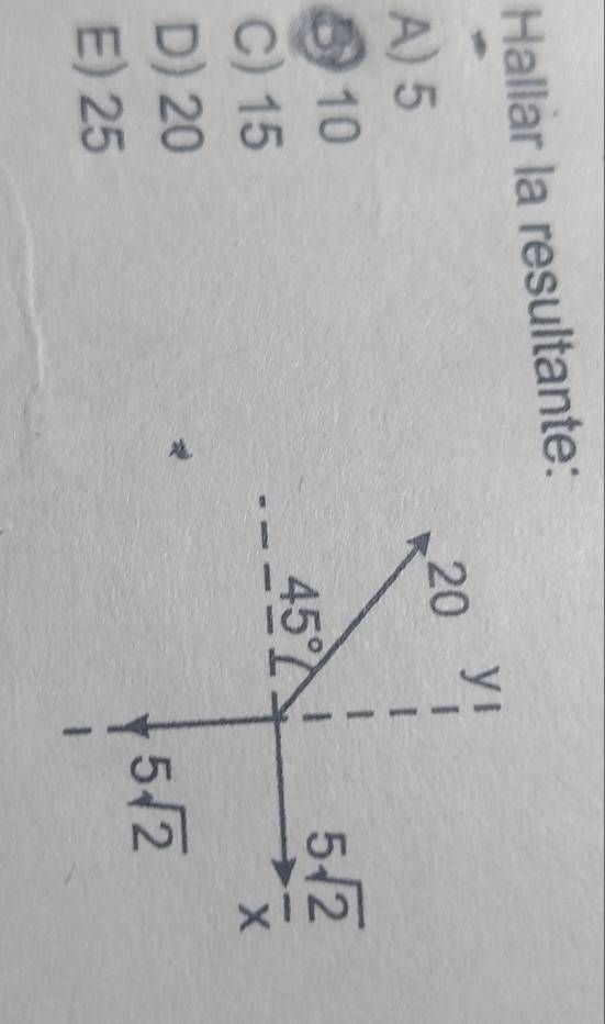 Hallar la resultante:
A) 5
510
C) 15
D) 20
E) 25