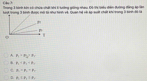 Trong 3 bình kín có chứa chất khí lí tưởng giống nhau. Đồ thị biểu diễn đường đẳng áp lần
lượt trong 3 bình được mô tả như hình vẽ. Quan hệ về áp suất chất khí trong 3 bình đó là
A. P_1>P_[≤slant >p_3,
B. p_1
C. p_1=p_2=p_3.
D. P_1≤ P_2≤ P_3,