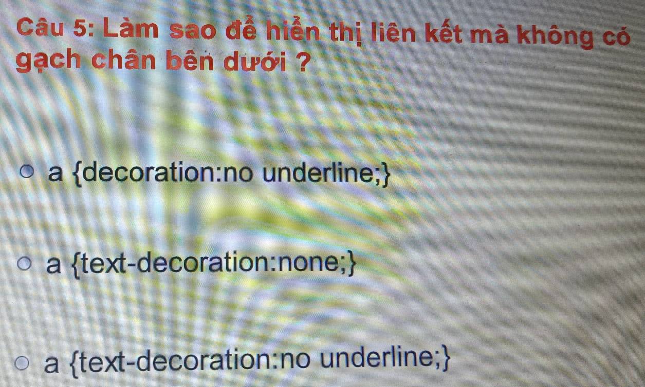 Làm sao để hiển thị liên kết mà không có
gạch chân bên dưới ?
a decoration:no underline;
a text-decoration:none;
a text-decoration:no underline;