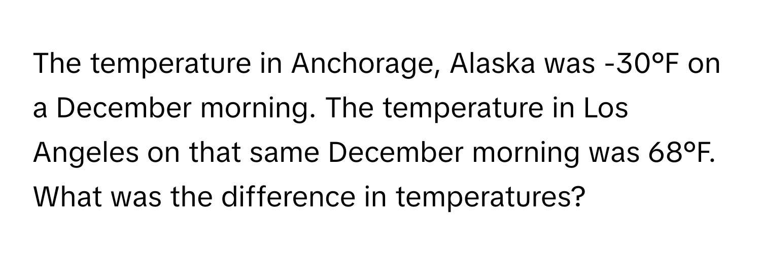 The temperature in Anchorage, Alaska was -30°F on a December morning. The temperature in Los Angeles on that same December morning was 68°F. What was the difference in temperatures?